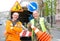 Smiling traffic sign marking technician workers