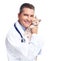Smiling veterinarian doctor with cat.
