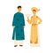 Smiling vietnam couple in national costume vector flat illustration. Asian people in traditional apparel decorated with