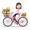 Smiling Waving Woman on Pink Bicycle with Spring Flowers and Baguettes on Basket.