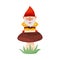 Smiling White Bearded Gnome Character with Red Pointed Hat Sitting on Mushroom Vector Illustration