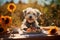 Smiling white furry puppy dog sitting at dining table with sweet dessert and sunflowers at sun light