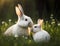 A smiling white rabbit mother playing with her baby in an affectionate moment, blurred green grass background, generative AI