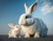 A smiling white rabbit mother playing with her baby in an affectionate moment, blurred green grass and blue sky, generative AI