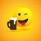 Smiling and Winking, Cheering Emoji, Enjoying the Taste of the Frothy Alcoholic Drink - Simple Shiny Happy Drunken Emoticon