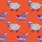 Smiling wolf face and nice lamb seamless pattern