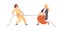 Smiling woman and angry female pulling opposite ends of rope vector flat illustration. Two rival girl during tug of war