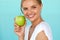 Smiling Woman With Beautiful Smile, White Teeth Holding Apple