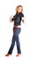 Smiling woman blonde standing full body in jeans tumb up