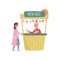 Smiling woman buying fresh juice in street stall. Cheerful girl vendor standing behind wooden stand. Flat vector design