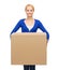 Smiling woman in casual clothes with parcel box