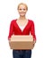 Smiling woman in casual clothes with parcel box