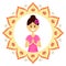 Smiling woman character with welcome gesture of hands. Namaste mudra