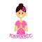 Smiling woman character with welcome gesture of hands. Namaste mudra.