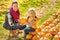 Smiling woman and child choosing a pumpkin on farm