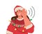 Smiling woman in christmas sweater put her hand to her ear and listen carefully