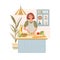 Smiling woman cooking salad on kitchen table. Girl preparing homemade meals. Vegetarian cuisine. Flat cartoon vector illustration