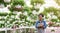 Smiling woman with crossed arms and digital tablet. In daylight in greenhouse from ceiling hangs white pots