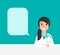 Smiling woman doctor with stethoscope, table and bubble. Medical internet consultation