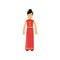 Smiling woman dressed up in long red dress cheongsam or qipao with yellow buttons. National chinese costume. Female