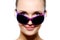 Smiling woman face in dark violet sunglasses