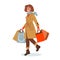 Smiling woman in fashionable clothes with shopping bags. Seasonal sale. Cute vector illustration drawing in flat style. Happy