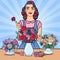 Smiling Woman Florist Making Bunch of Flowers. Pop Art illustration