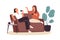 Smiling woman friends drinking tea at home vector flat illustration. Happy female laughing and gossiping sit on