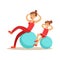 Smiling woman and girl happily exercising with fitball, mom and daughter having good time together colorful characters