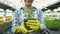 Smiling woman in gloves showing green plant pot, agricultural business, ecology