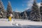 Smiling woman goes on snowshoes in the winter mountains