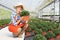 Smiling woman in greenhouse, with a potted plant