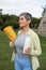 Smiling woman with grey hair after training in park