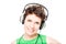 Smiling woman with headphones listening favorite music