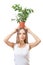 Smiling woman hold houseplant isolated on white.