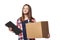 Smiling woman holding cardboard box and document signing sheet