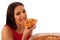 Smiling woman holding delicious pizza in carton box.