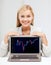 Smiling woman with laptop and forex chart