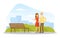 Smiling Woman Leading Senior Man by the Arm Walking in the Park Vector Illustration