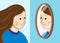 Smiling woman looking at her sad face reflection in the mirror. Anxiety concept vector illustration