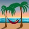 Smiling woman lying in the hammock on the beach and waving her hand