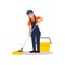 Smiling woman mopping floor. Young girl overall, cap and t-shirt. Flat vector element for advertising of cleaning