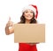 Smiling woman in santa helper hat with parcel box