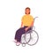 Smiling woman sitting in wheelchair vector illustration. Cute happy girl with physical disability or impairment isolated
