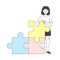 Smiling Woman Standing Near Jigsaw Puzzle as Mosaiced Piece for Logical Game Vector Illustration