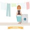 Smiling woman standing near washing machine with laundry basket. Washed clothes drying on rope. Housekeeper. Cartoon