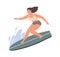 Smiling woman standing on surfboard at sea or ocean wave vector flat illustration. Happy sportswoman enjoying active