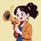 Smiling woman talking on megaphone, announcing message , cute simple anime style illustration