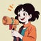 Smiling woman talking on megaphone, announcing message , cute simple anime style illustration