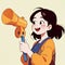 Smiling woman talking on megaphone, announcing message , cute simple anime style illustration